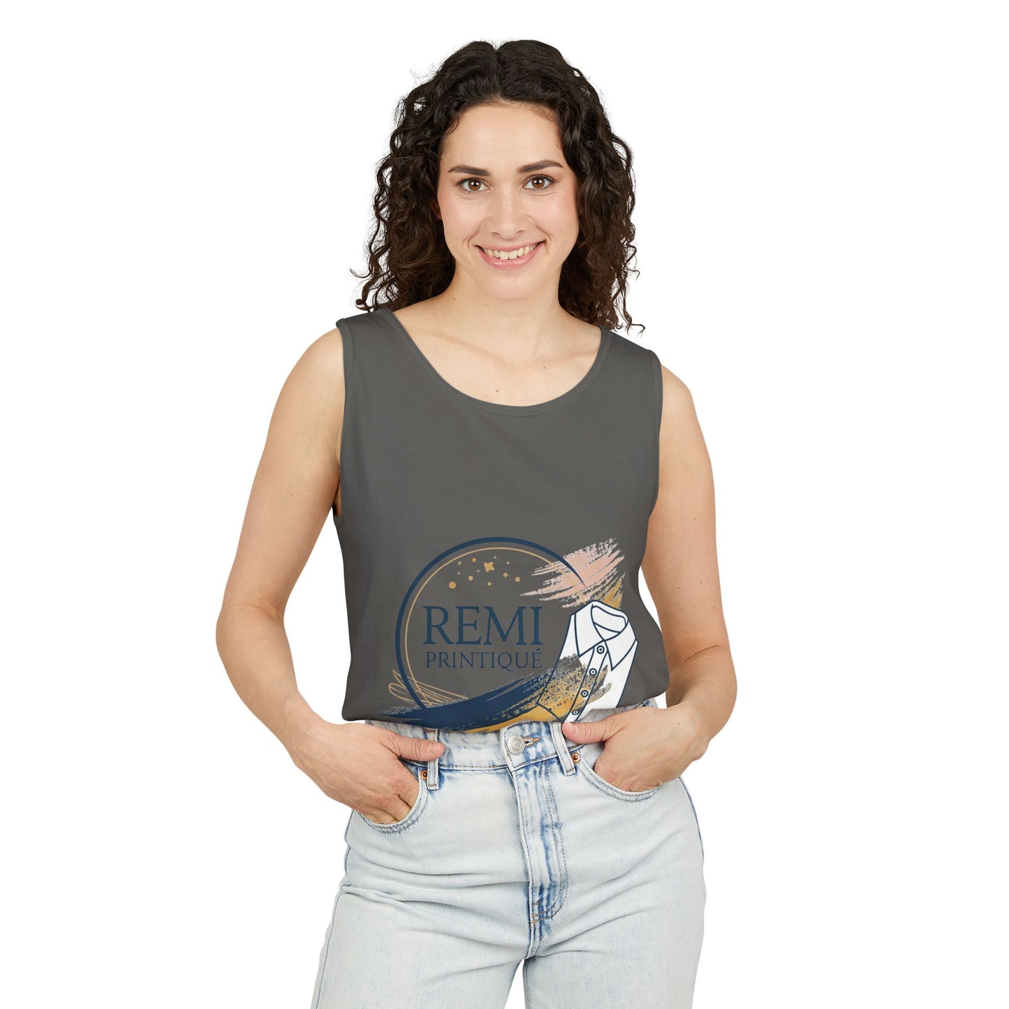 Custom Garment-Dyed Tank Top with 'REMI PRINTIQUE' Design - Perfect for Casual Vibes