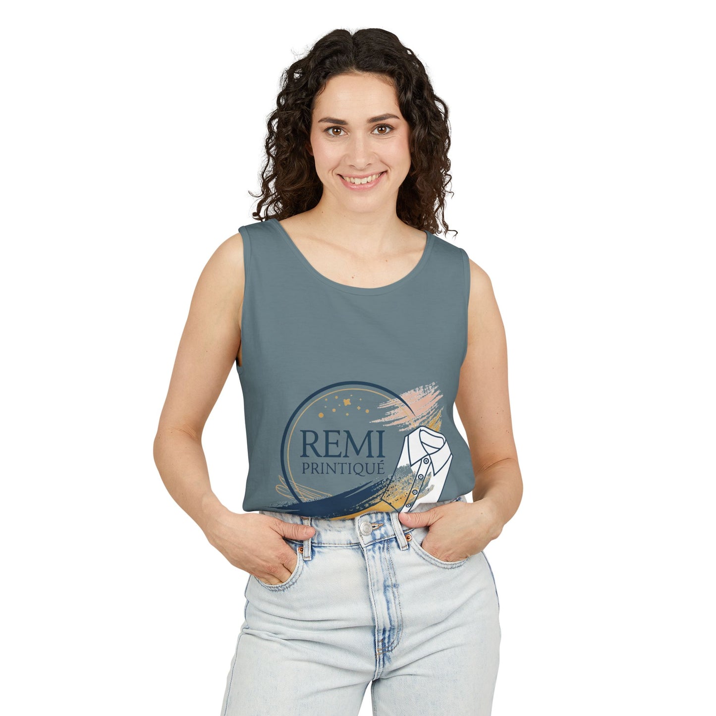 Custom Garment-Dyed Tank Top with 'REMI PRINTIQUE' Design - Perfect for Casual Vibes