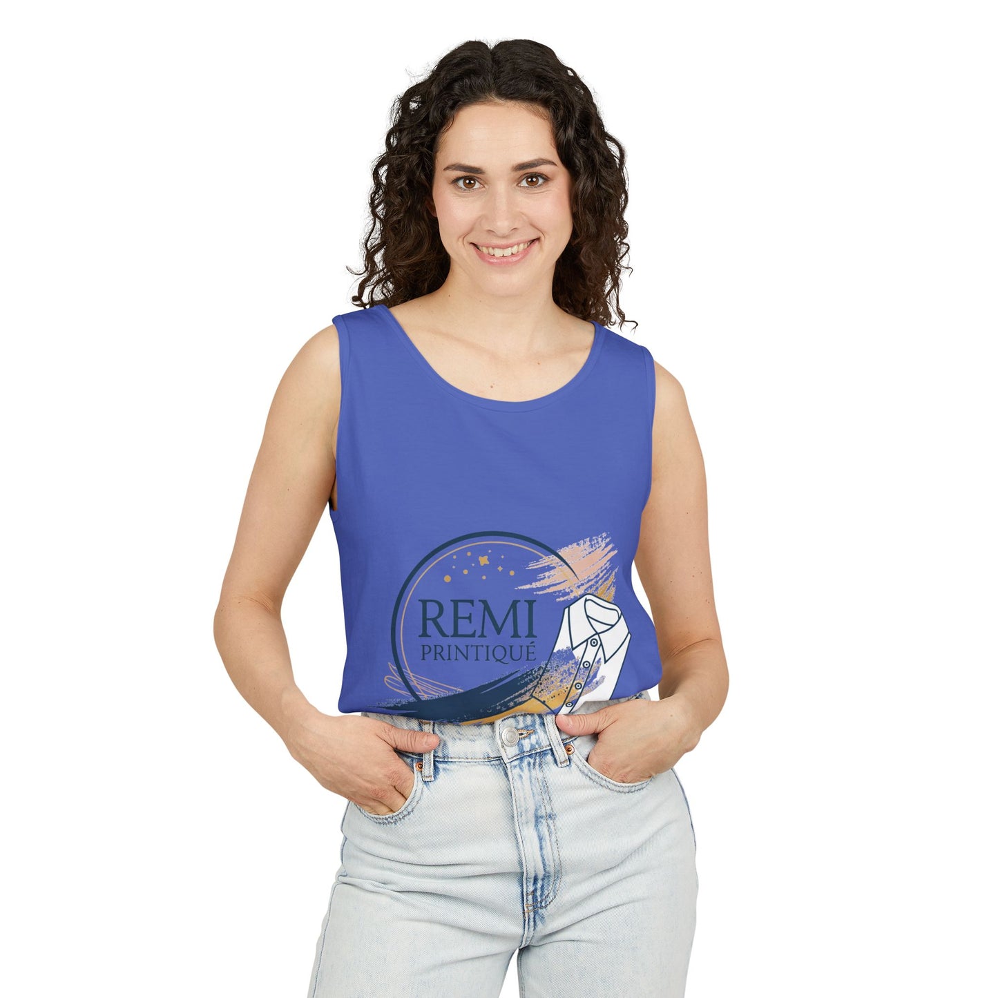 Custom Garment-Dyed Tank Top with 'REMI PRINTIQUE' Design - Perfect for Casual Vibes