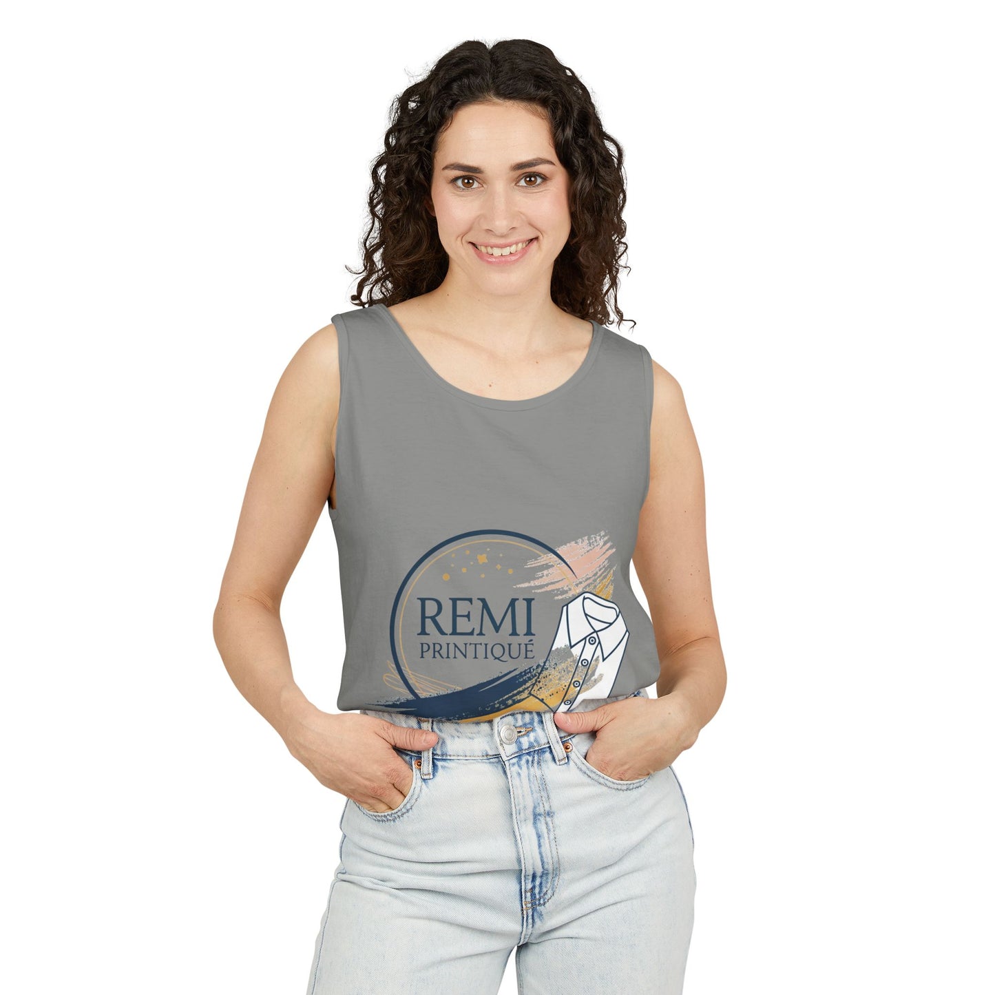 Custom Garment-Dyed Tank Top with 'REMI PRINTIQUE' Design - Perfect for Casual Vibes