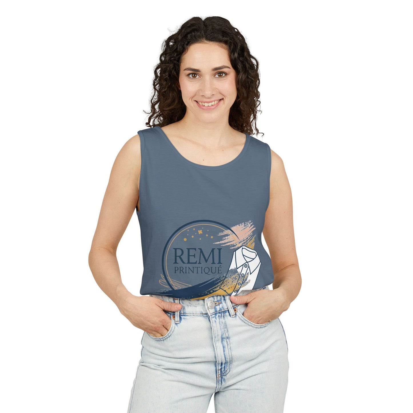 Custom Garment-Dyed Tank Top with 'REMI PRINTIQUE' Design - Perfect for Casual Vibes