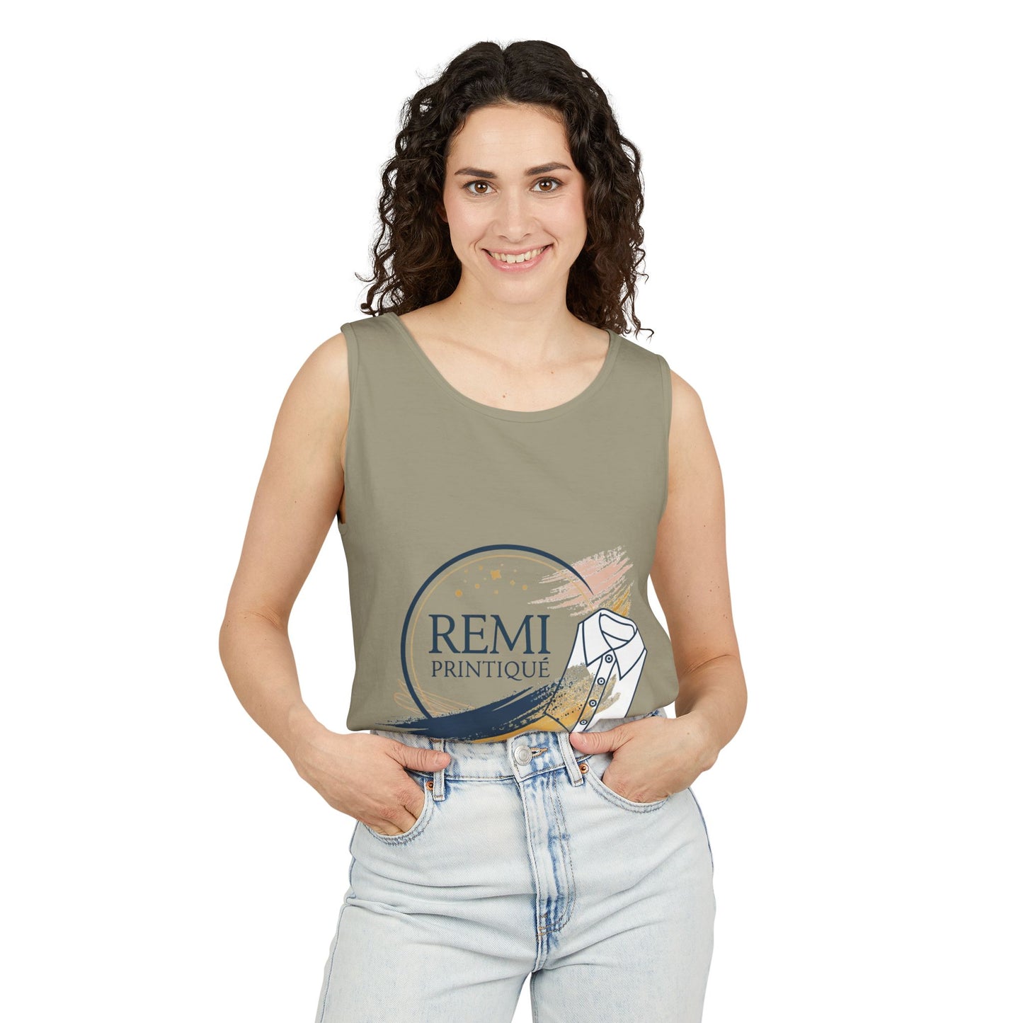 Custom Garment-Dyed Tank Top with 'REMI PRINTIQUE' Design - Perfect for Casual Vibes