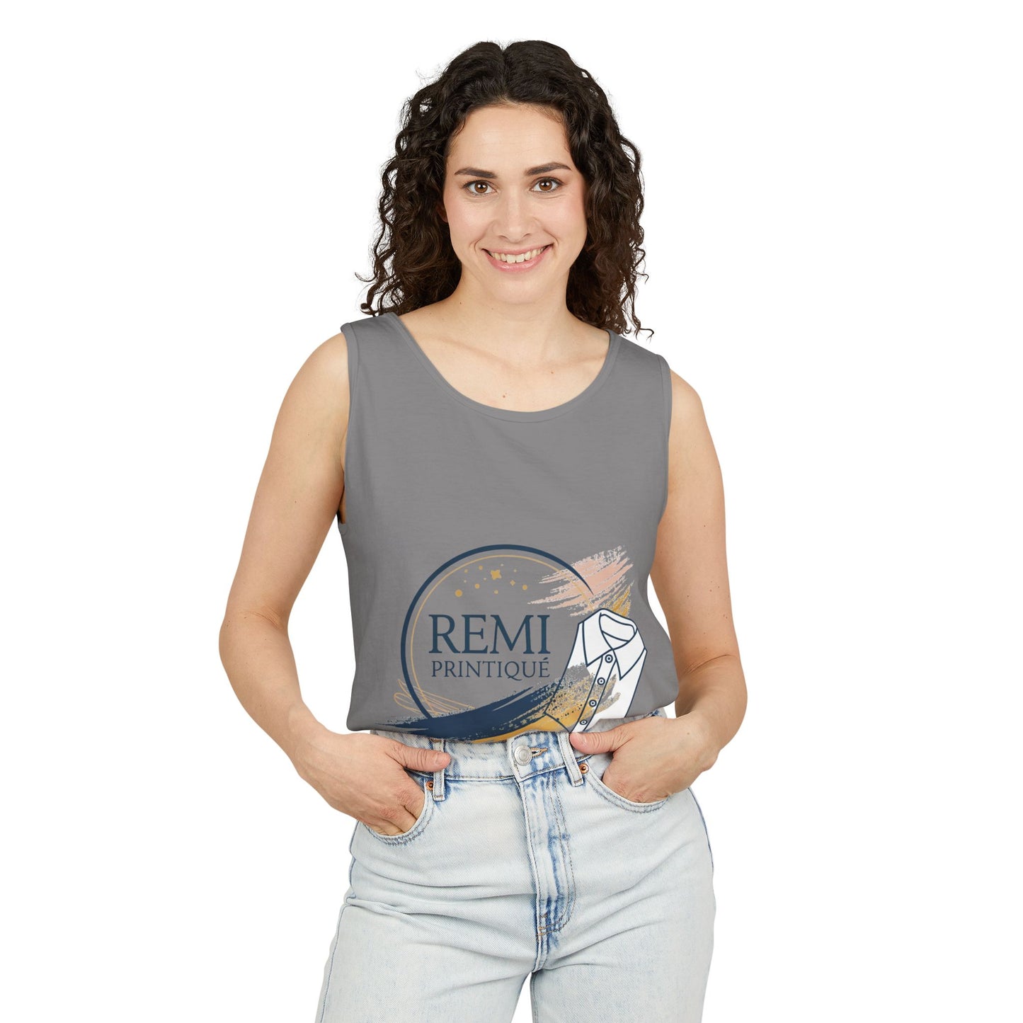 Custom Garment-Dyed Tank Top with 'REMI PRINTIQUE' Design - Perfect for Casual Vibes