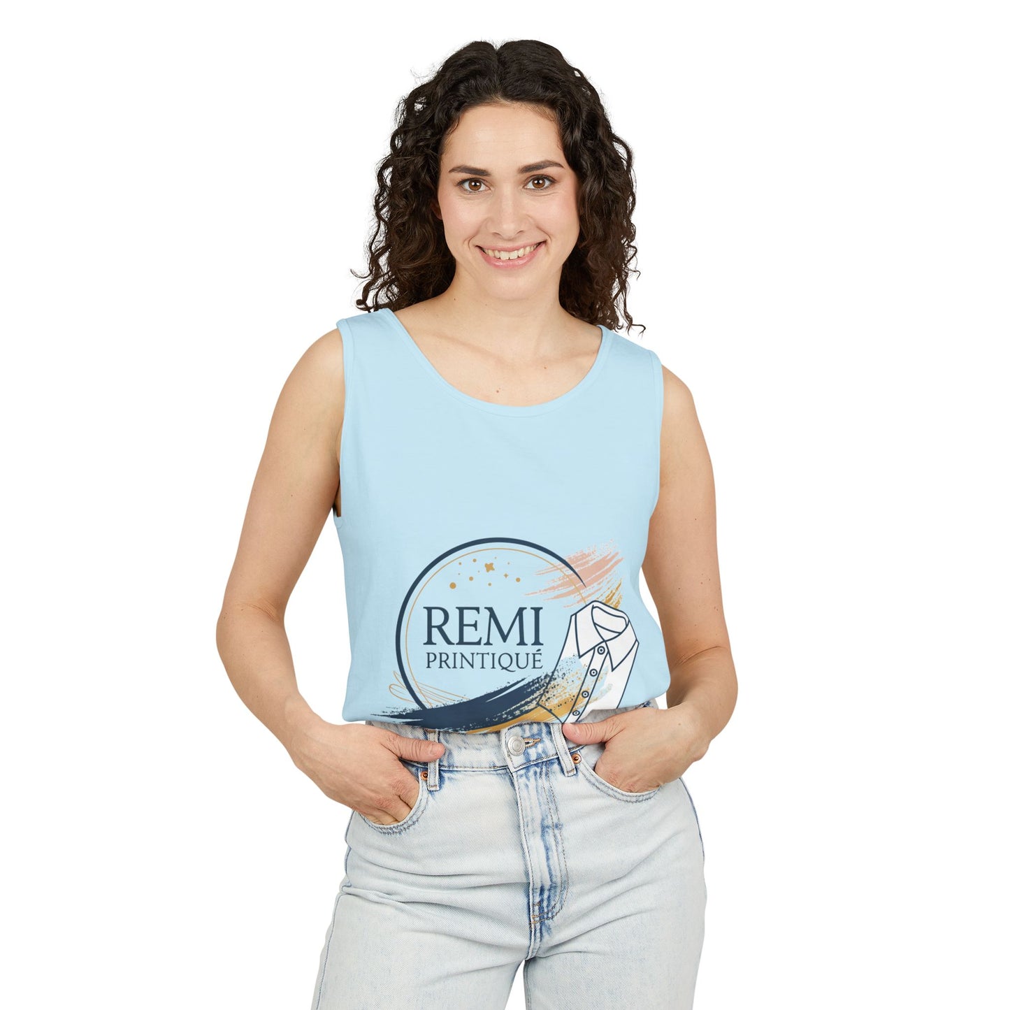 Custom Garment-Dyed Tank Top with 'REMI PRINTIQUE' Design - Perfect for Casual Vibes