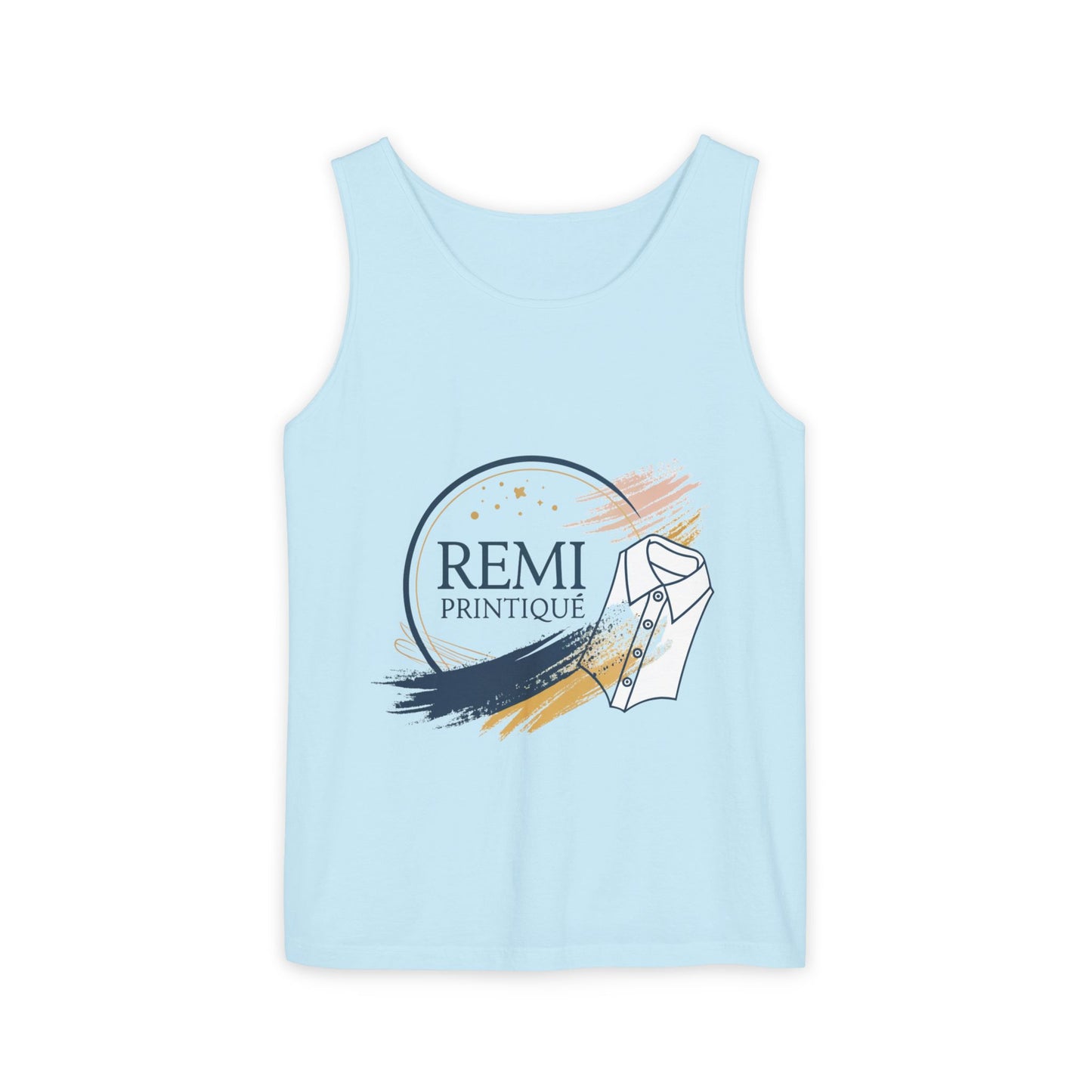 Custom Garment-Dyed Tank Top with 'REMI PRINTIQUE' Design - Perfect for Casual Vibes