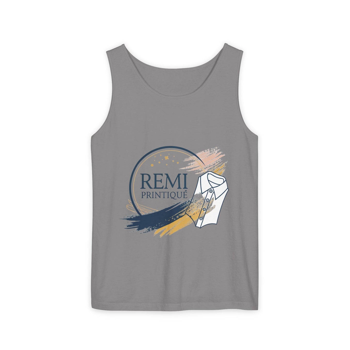 Custom Garment-Dyed Tank Top with 'REMI PRINTIQUE' Design - Perfect for Casual Vibes