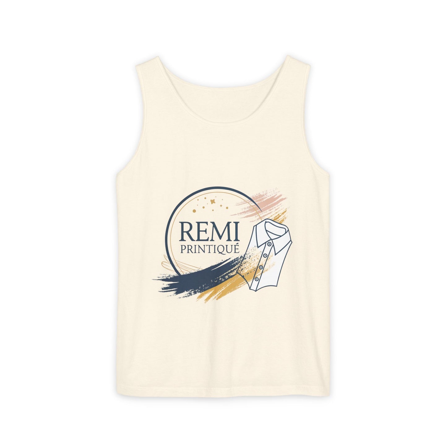 Custom Garment-Dyed Tank Top with 'REMI PRINTIQUE' Design - Perfect for Casual Vibes