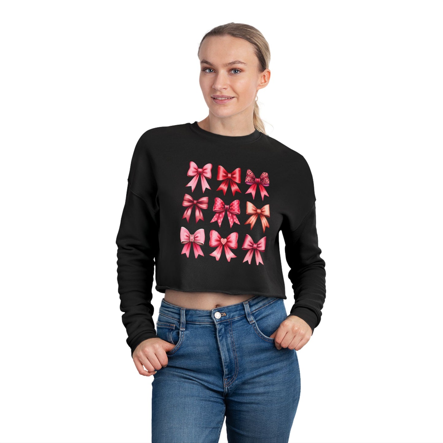 Chic Women's Cropped Sweatshirt with Colorful Bow Design - Perfect for Valentine day