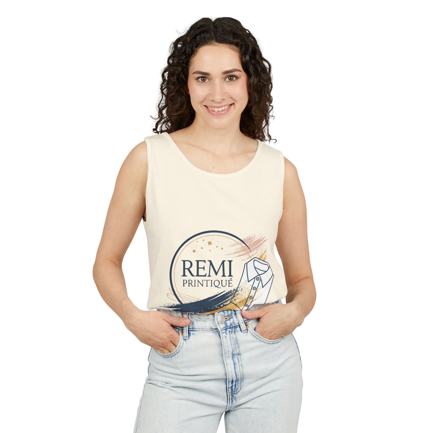 Custom Garment-Dyed Tank Top with 'REMI PRINTIQUE' Design - Perfect for Casual Vibes