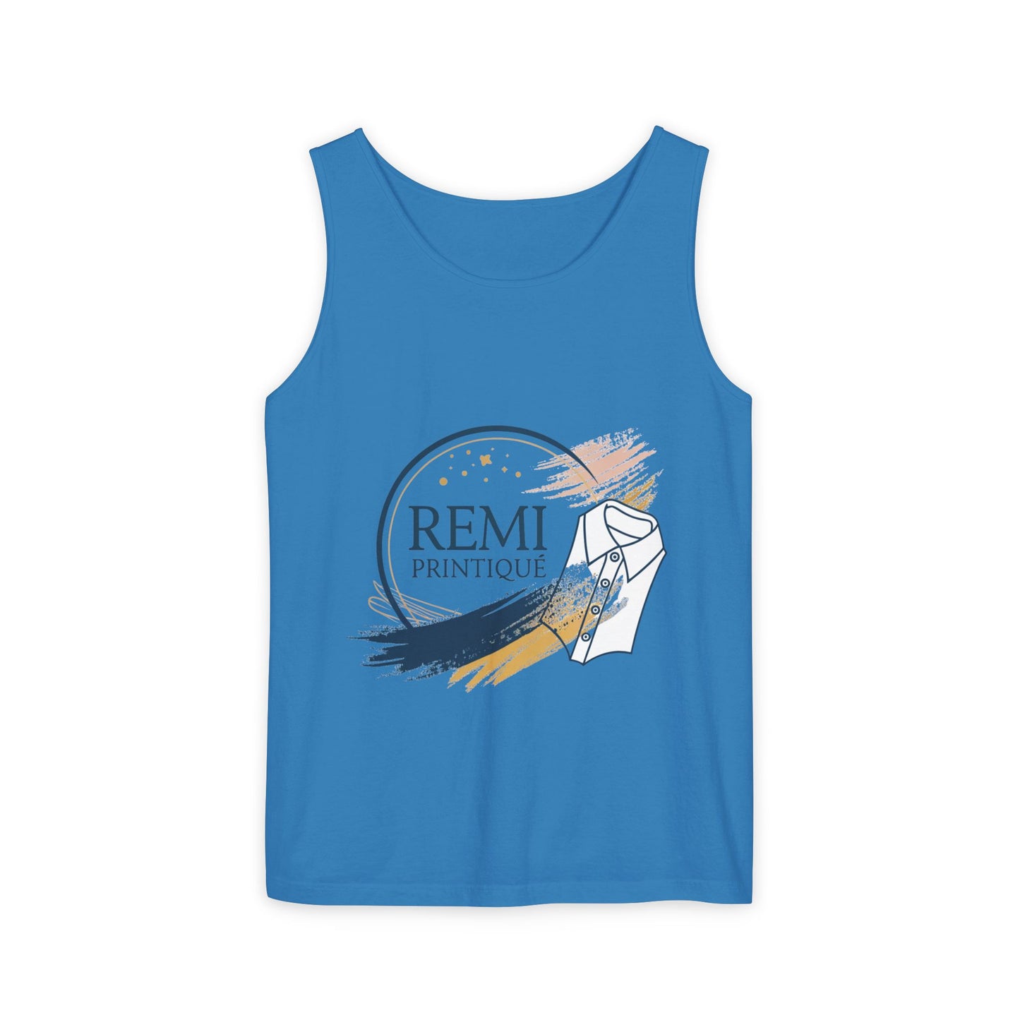 Custom Garment-Dyed Tank Top with 'REMI PRINTIQUE' Design - Perfect for Casual Vibes