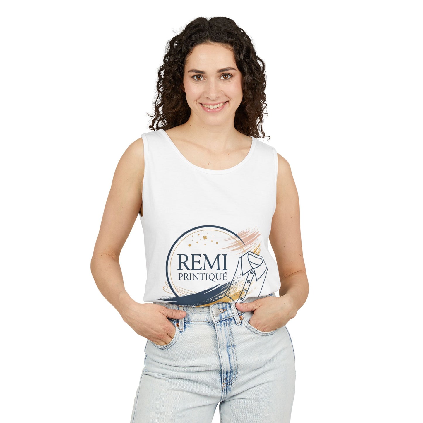 Custom Garment-Dyed Tank Top with 'REMI PRINTIQUE' Design - Perfect for Casual Vibes